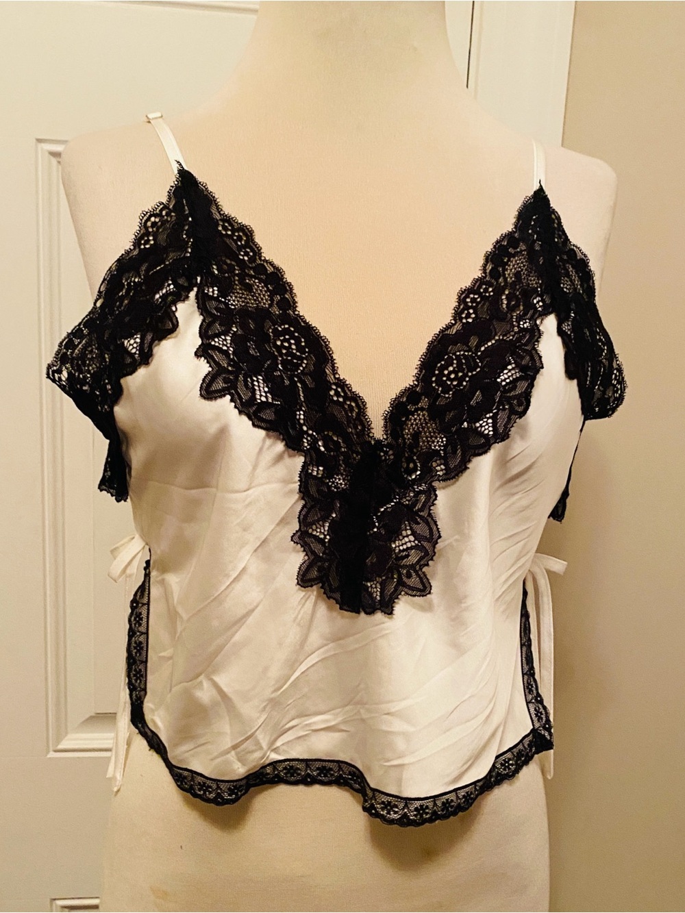 White Satin Lace-Trim Chemise Camisole Top with Black Lace